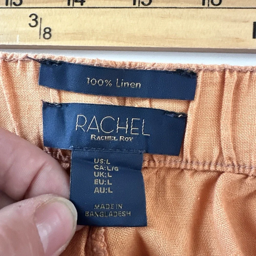 Rachel Zoe Womens Linen Cargo Pants Size L Orange Cropped Pockets Beachy Coast